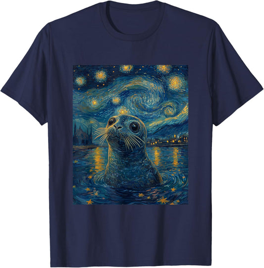Cute Seal Sea Lion - Van Gogh Style - Starry Night Graphic T-Shirt - T-Shirt | Navy