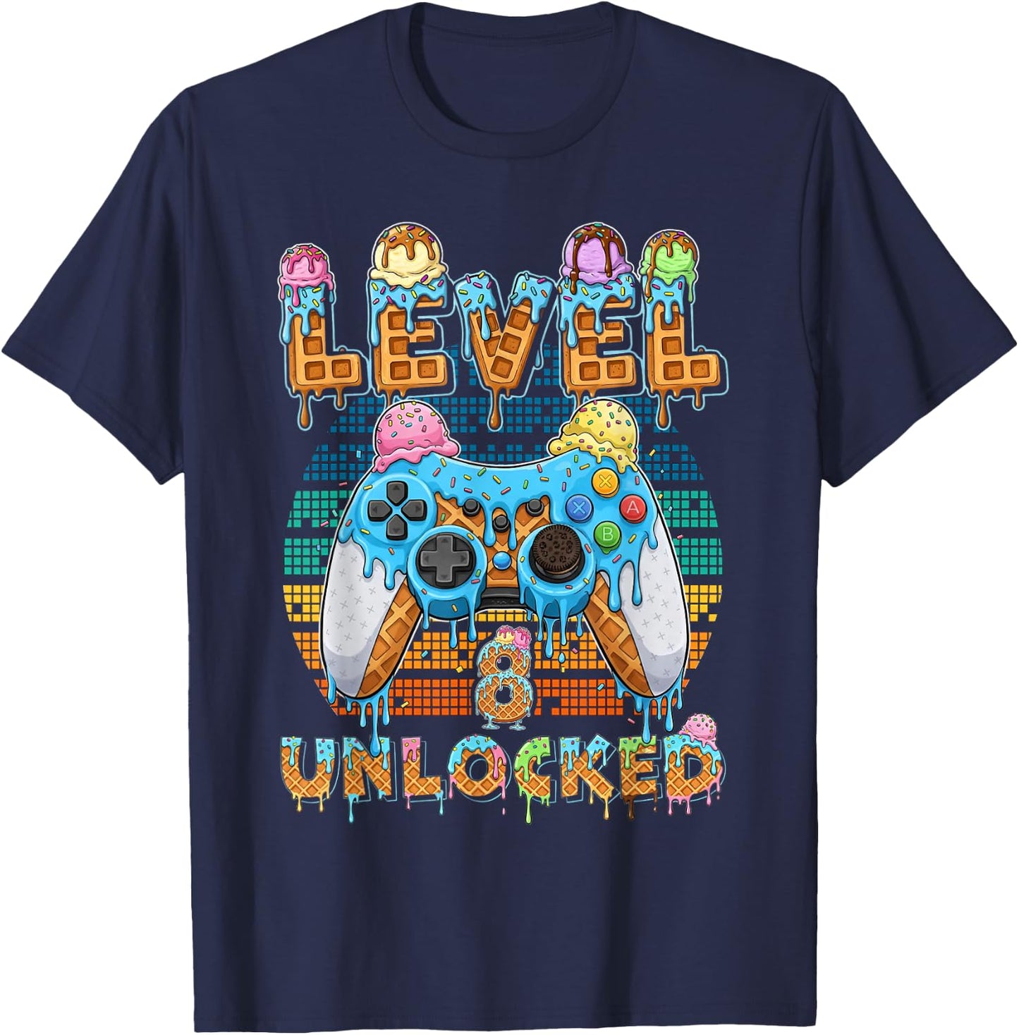 Level 8 Unlocked Gamer Birthday Ice Cream Retro Arcade T-Shirt - T-Shirt | Navy