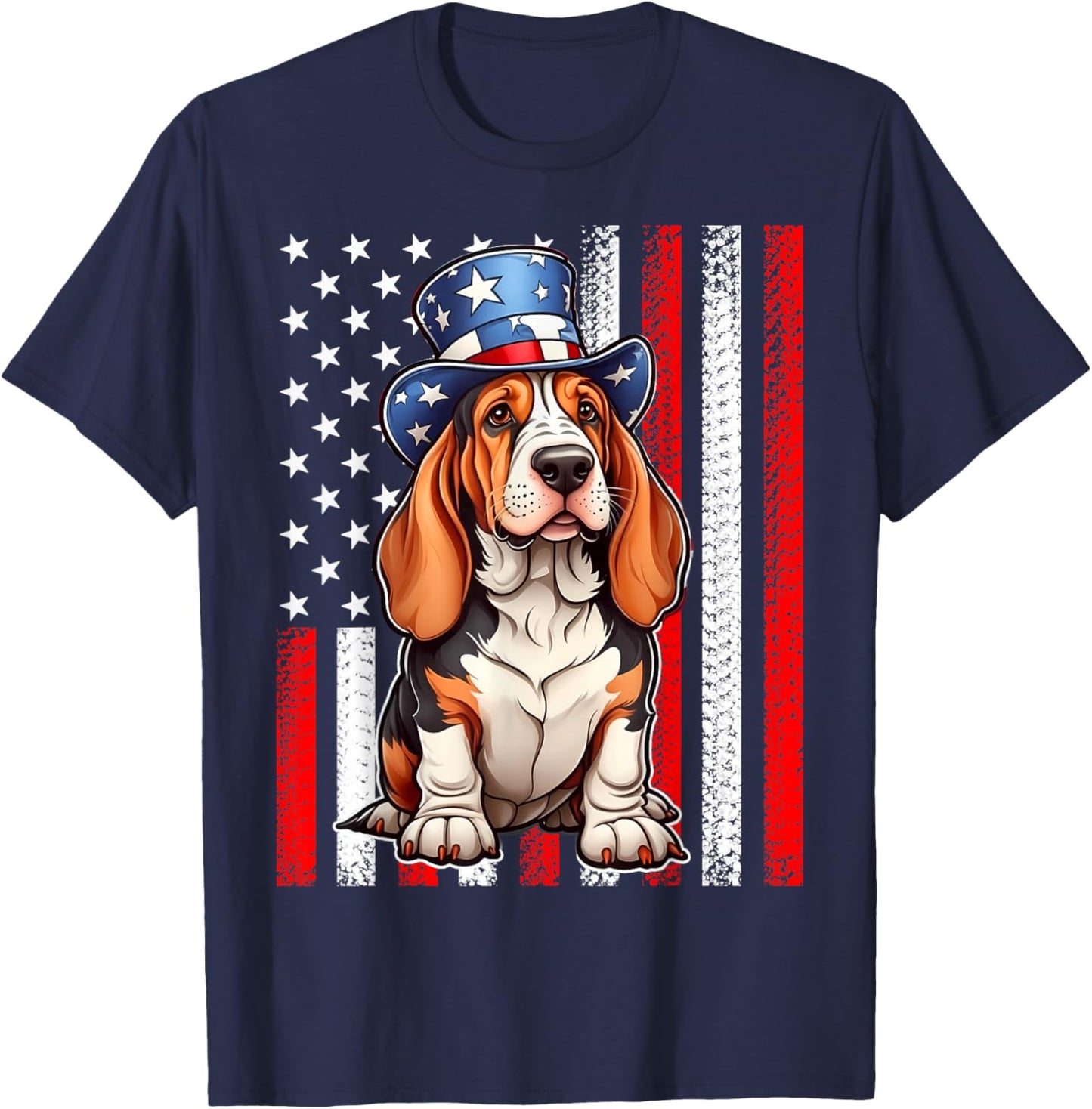 Pride Flag USA July 4 Patriotic Basset Hound Dog Lover T-Shirt - T-Shirt | Navy