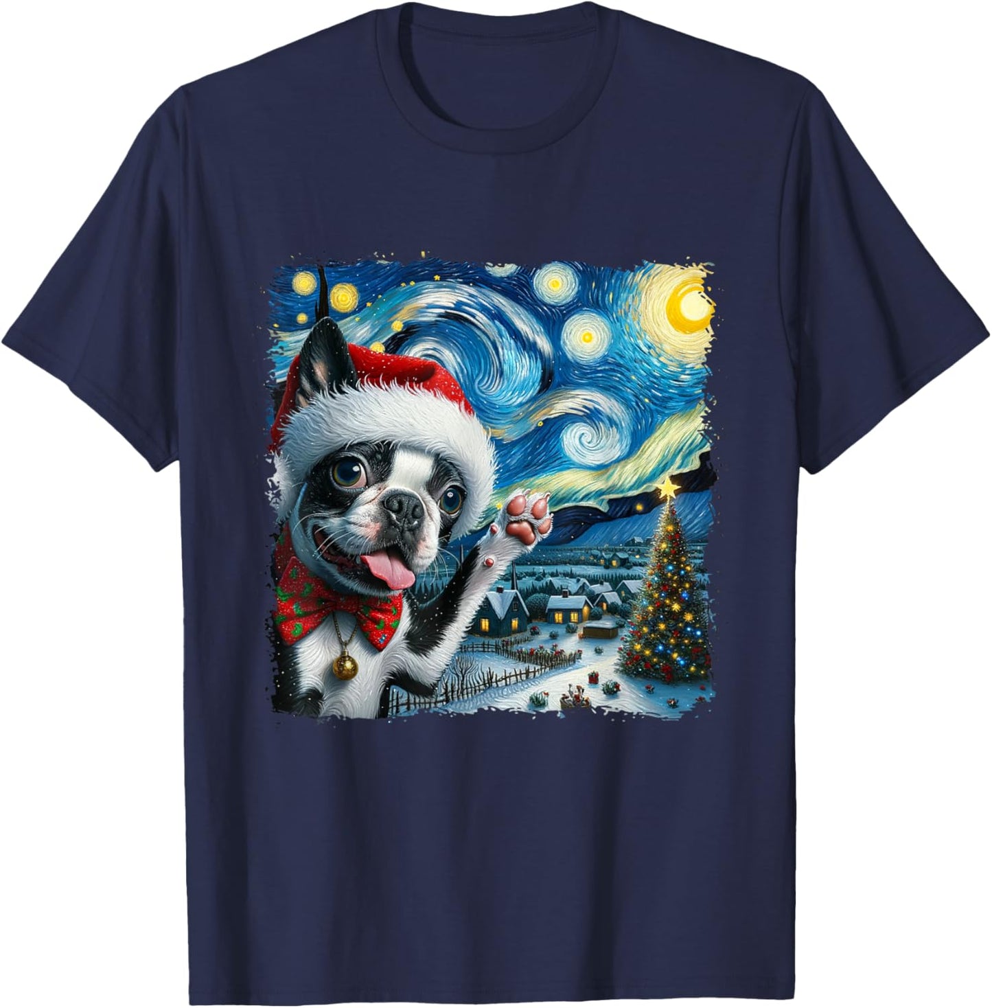 Boston Terrier Santa Starry Night Van Gogh Christmas Dog Men Women Kids T-Shirt - T-Shirt | Navy