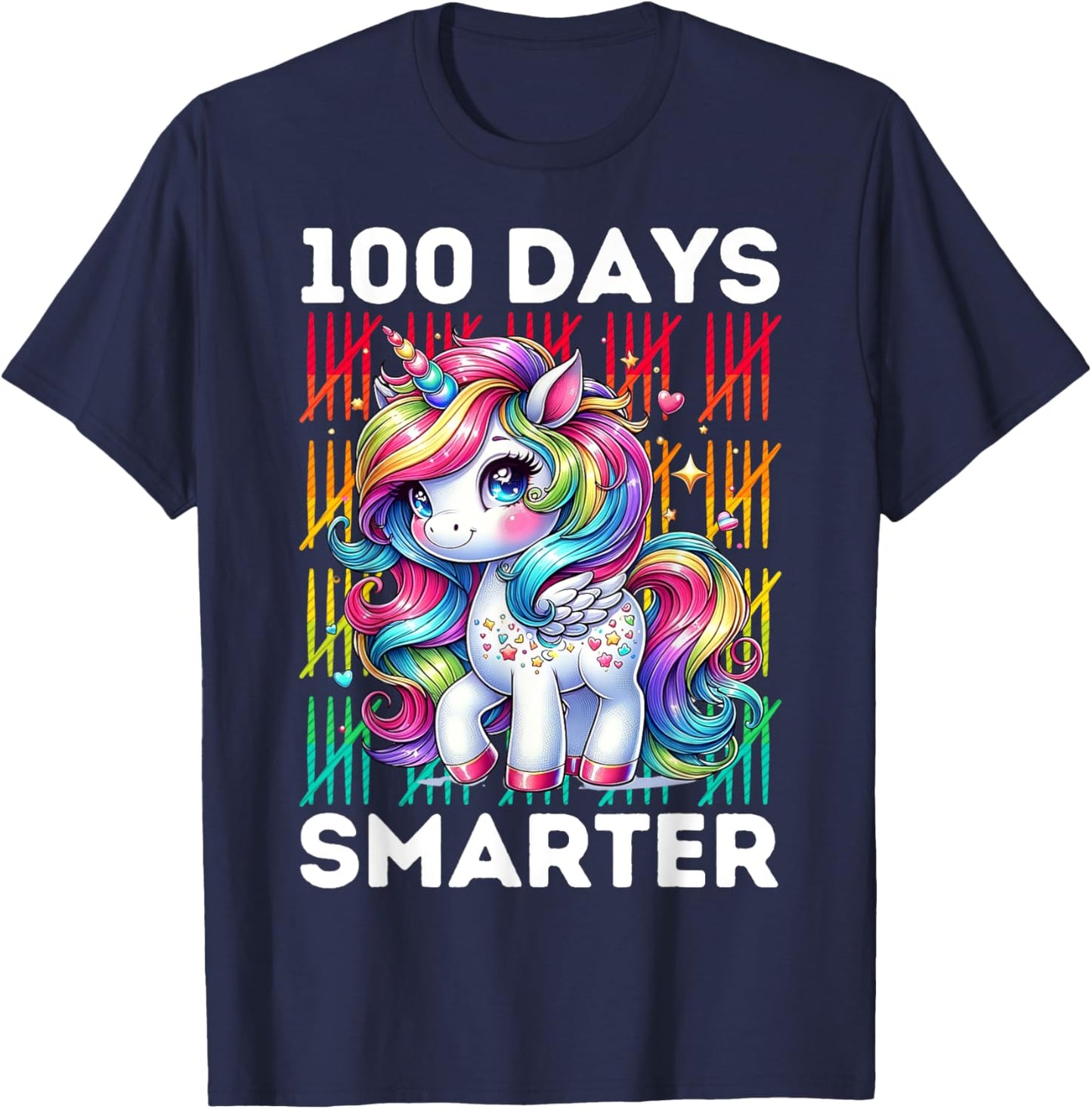 100 Days Smarter Kids 100th Day of School Rainbow Unicorn T-Shirt - T-Shirt | Navy