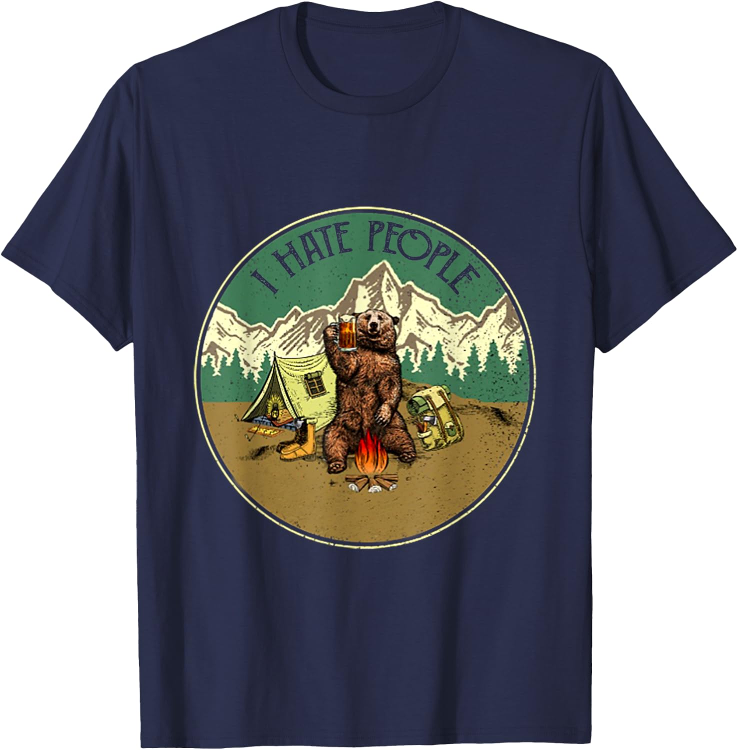I Hate People Funny Bear Drinking Camper T-Shirt - T-Shirt | Navy