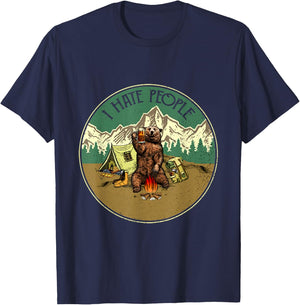 I Hate People Funny Bear Drinking Camper T-Shirt - T-Shirt | Navy