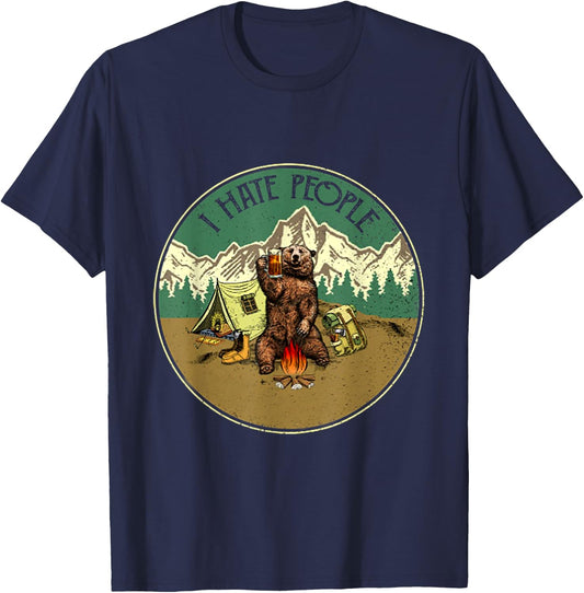 I Hate People Funny Bear Drinking Camper T-Shirt - T-Shirt | Navy