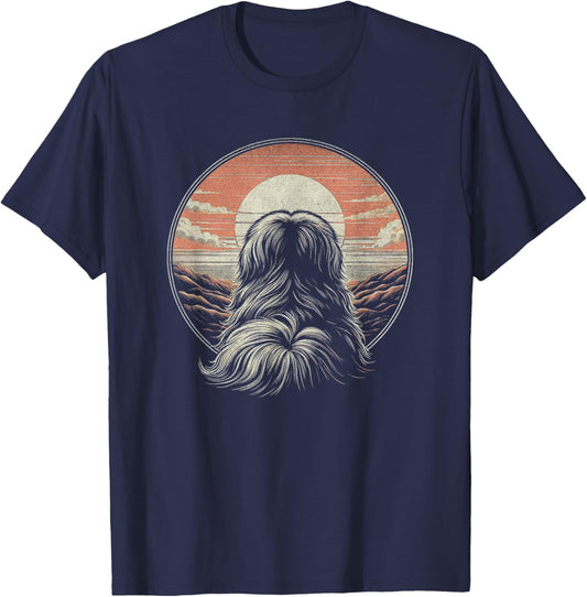 Vintage Pekingese Dog Retro Sunset Scene Art Design T-Shirt - T-Shirt | Navy