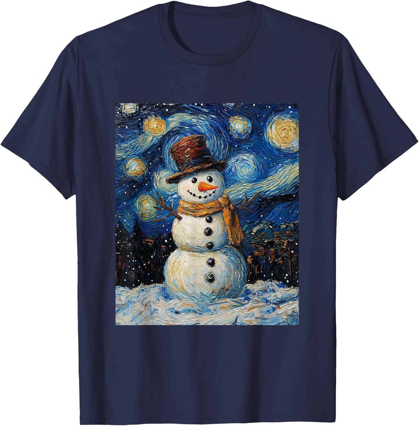 Snowman - Van Gogh Style - Starry Night - Funny Graphic T-Shirt - T-Shirt | Navy