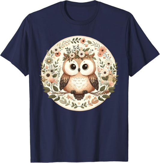 Cute Perched Owl Lover Cottagecore Wildflower Floral Flowers T-Shirt - T-Shirt | Navy