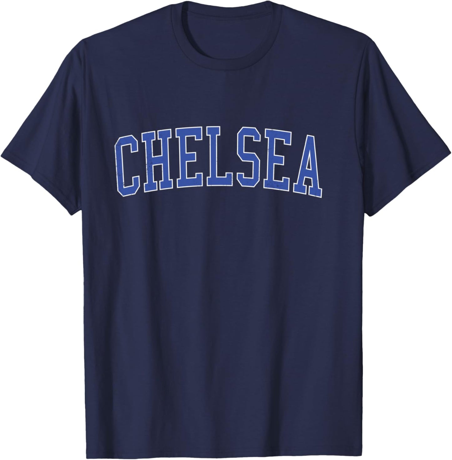 Vintage Chelsea MA Distressed Blue Varsity Style T-Shirt - T-Shirt | Navy