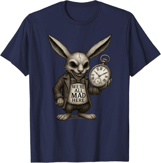 Alice in Wonderland - We're All Mad Here Rabbit Hatter Quote T-Shirt - T-Shirt | Navy