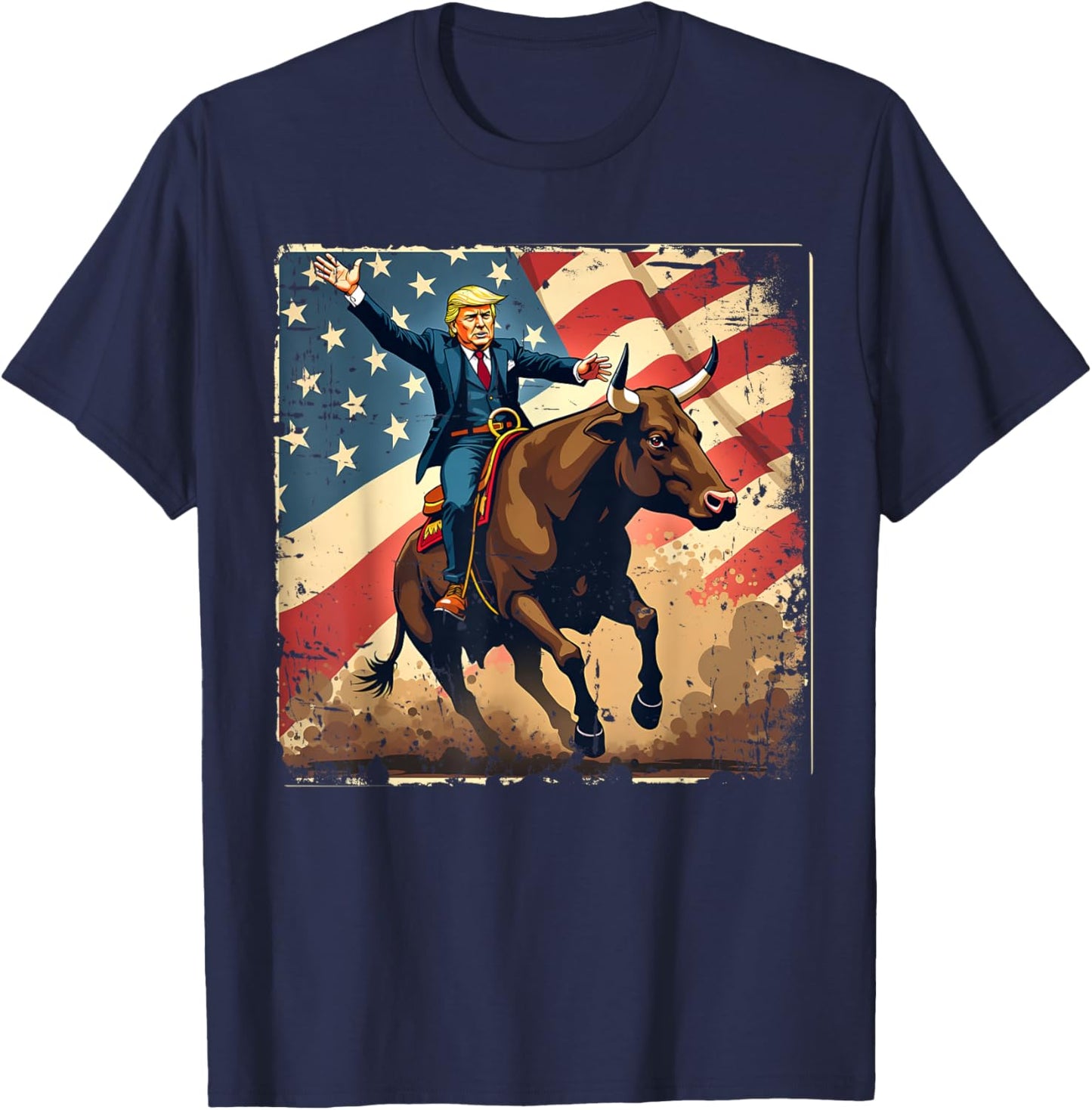 Trump Bull Rider American Flag USA Riding Rodeo Cowboy T-Shirt - T-Shirt | Navy