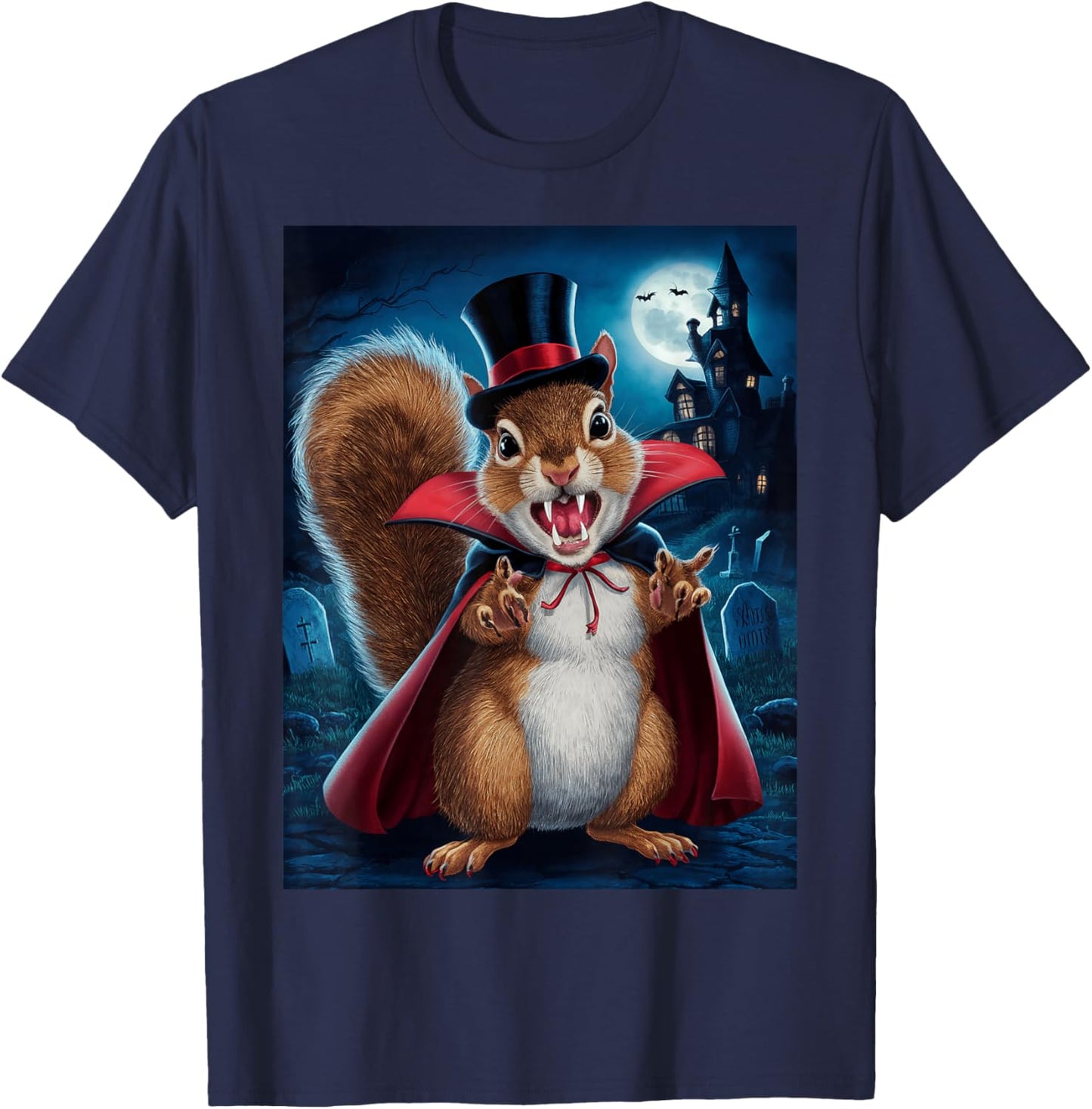Vampire Squirrel Cartoon In Graveyard For Halloween T-Shirt - T-Shirt | Navy