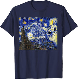 Cat , Starry Night Cat, Cat Shirt, Van Gogh Cat T-Shirt - T-Shirt | Navy