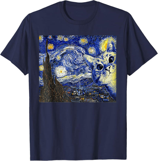 Cat , Starry Night Cat, Cat Shirt, Van Gogh Cat T-Shirt - T-Shirt | Navy