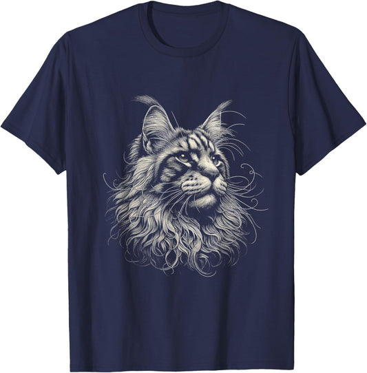 Vintage Maine Coon Cat Face Graphic Art Design T-Shirt - T-Shirt | Navy