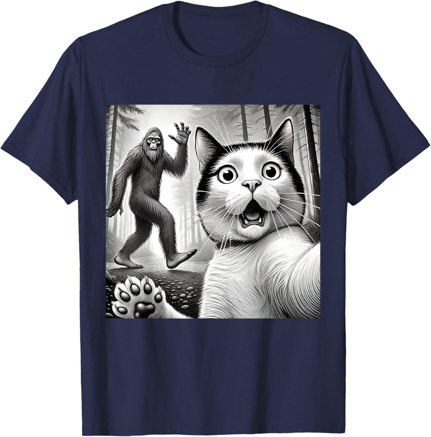 Funny Surprised Scared Cat Taking Selfie with Bigfoot Women Kids T-Shirt - T-Shirt | Navy