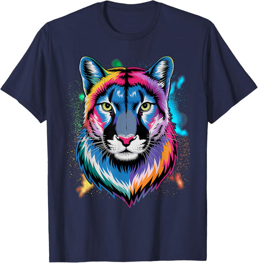 Puma Cougar Head Colorful Art Animals Watercolor Painting T-Shirt - T-Shirt | Navy