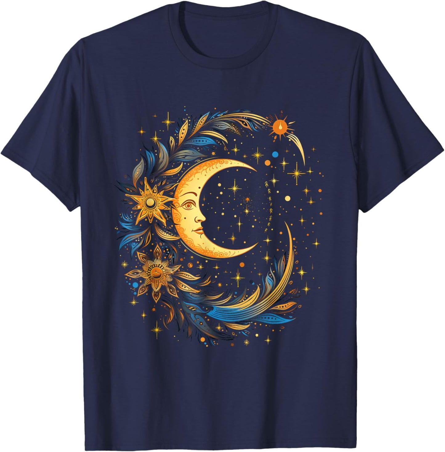 Mystic Sun and Moon Woman Mystical Flowers Aesthetic T-Shirt - T-Shirt | Navy