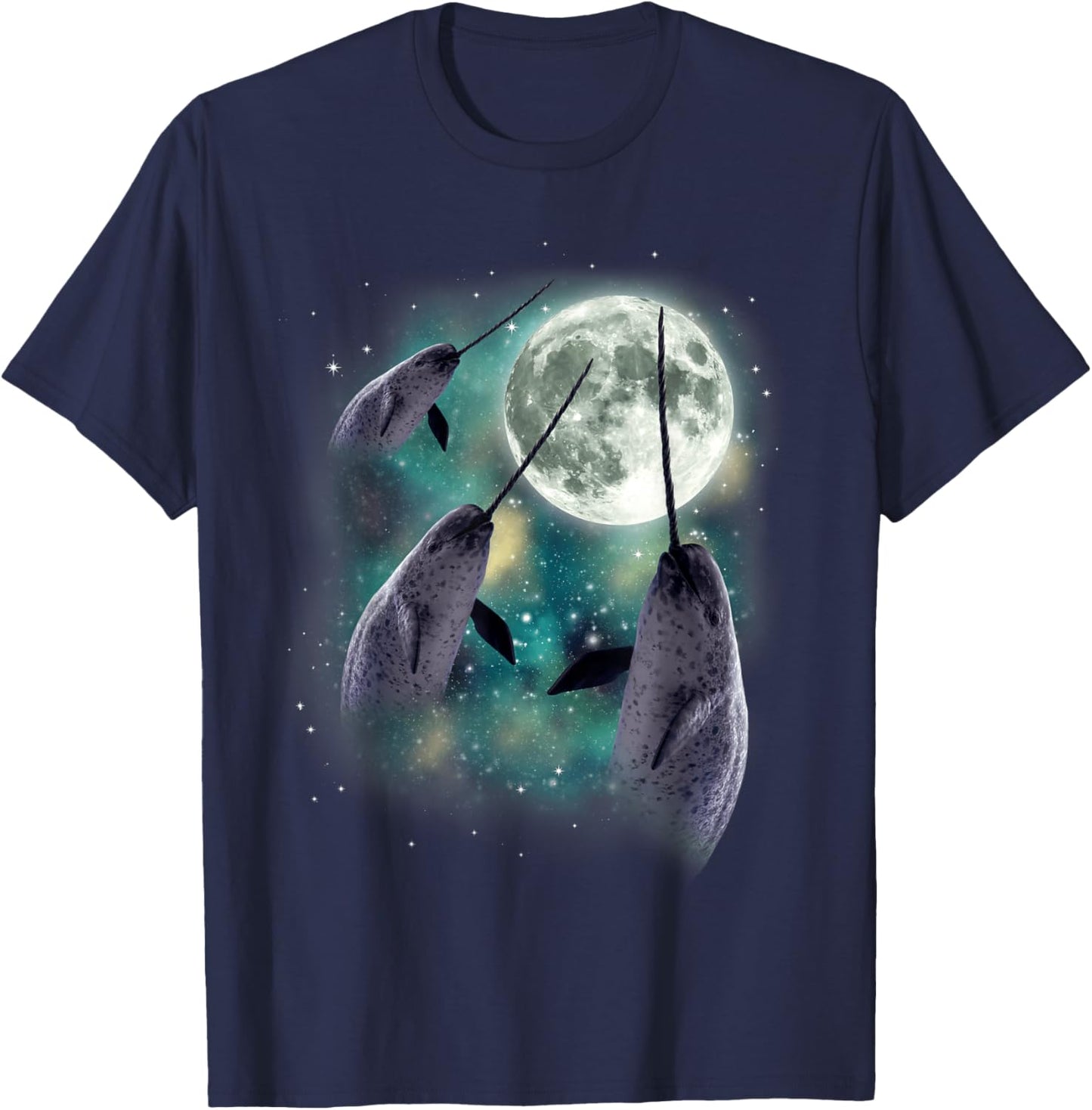 Three Narwhal Moon Arctic Sea 3 Whales Howling Parody T-Shirt - T-Shirt | Navy