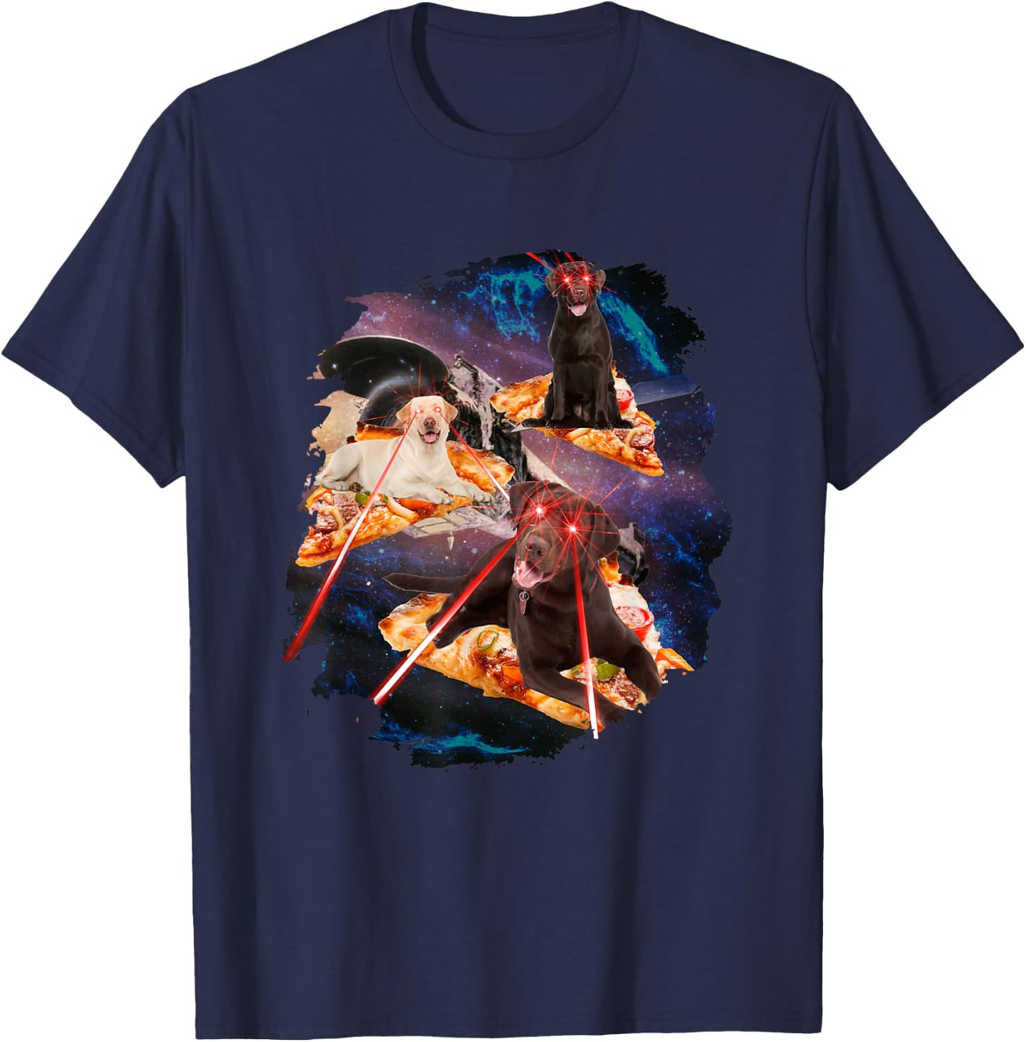 Dogs with Laser Eyes I Dog Puppy Laser Space Pizza T-Shirt - T-Shirt | Navy