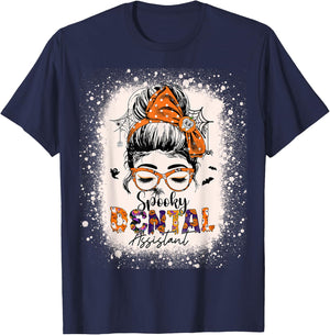 Messy Bun Spooky Dental Assistant Halloween Dentist T-Shirt - T-Shirt | Navy