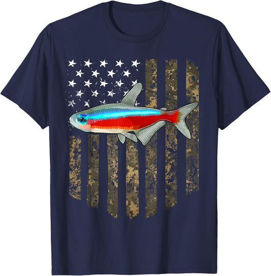 Camo American Flag Neon Tetra 4th Of July Aquarium Fish Men T-Shirt - T-Shirt | Navy