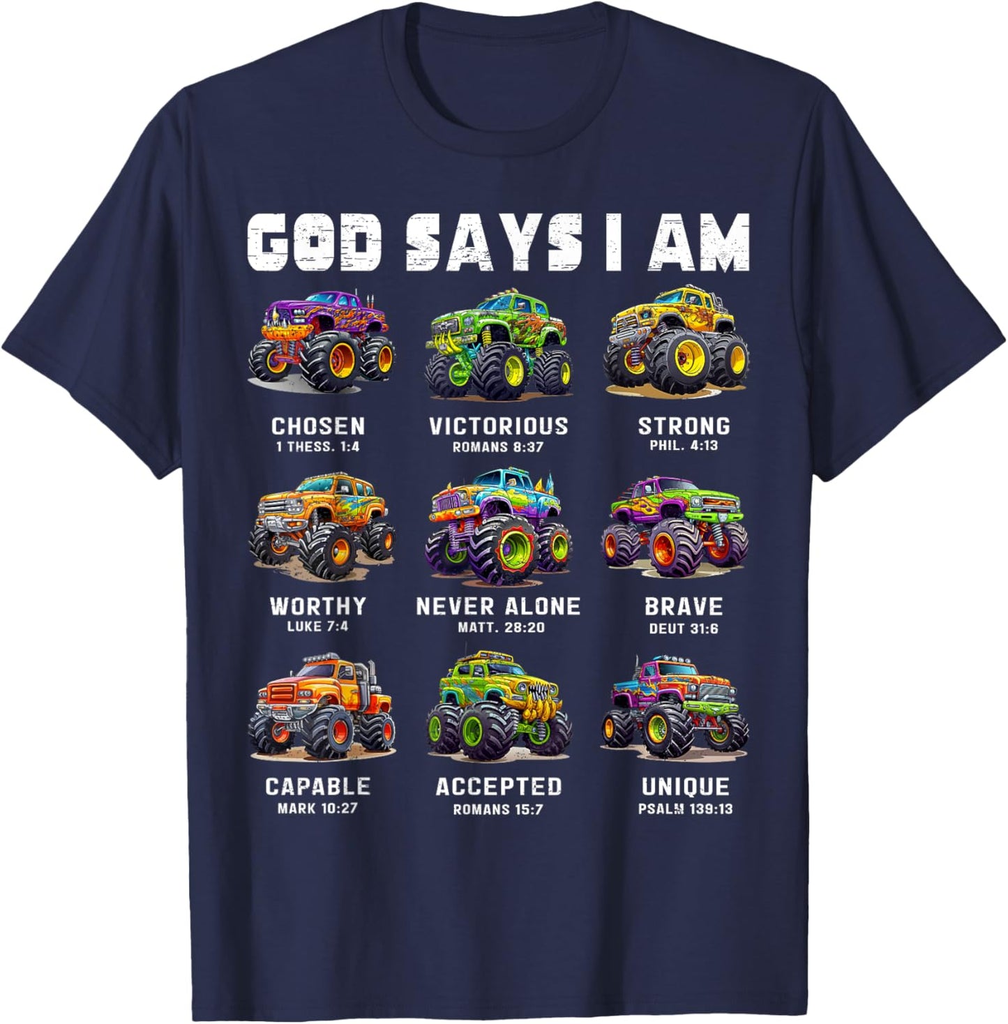 God Says I Am Monster Truck Toddler Kids Bible Verse T-Shirt - T-Shirt | Navy