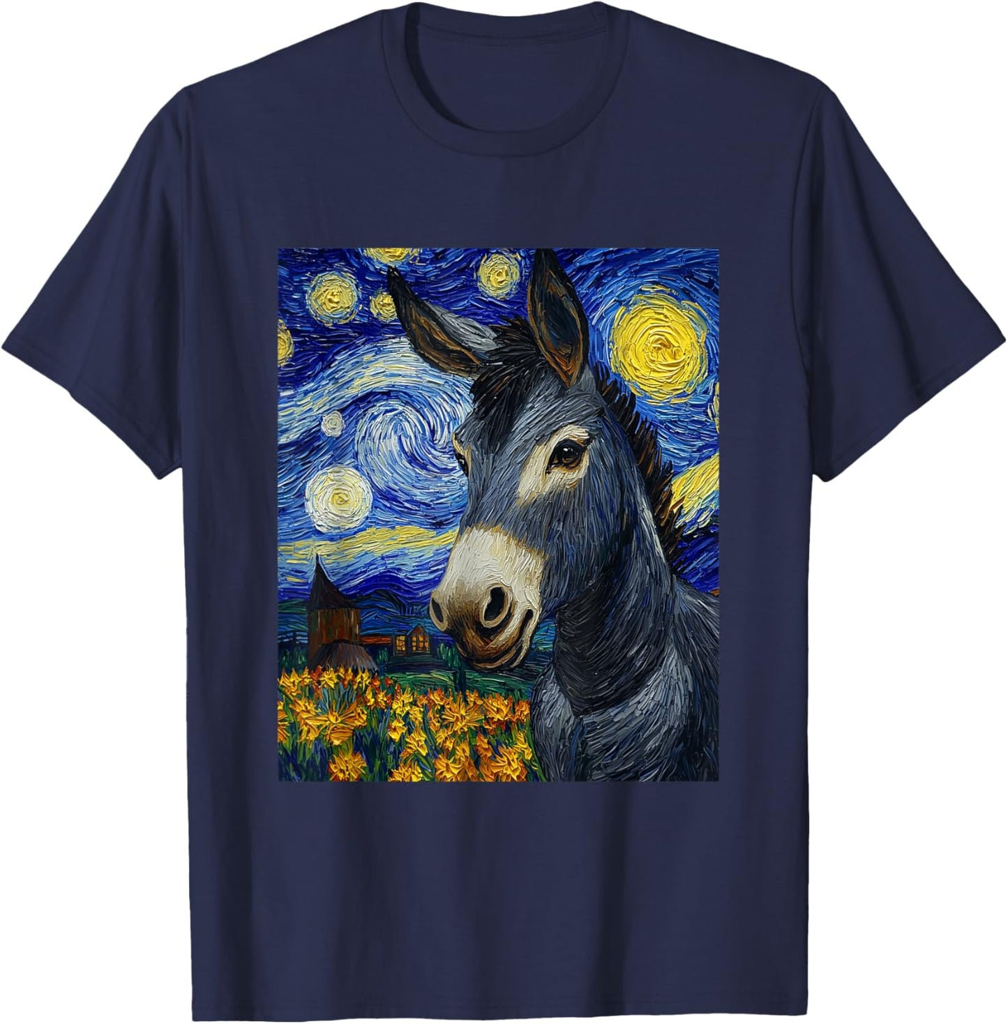 Funny Donkey - Van Gogh Style - Starry Night Graphic T-Shirt - T-Shirt | Navy
