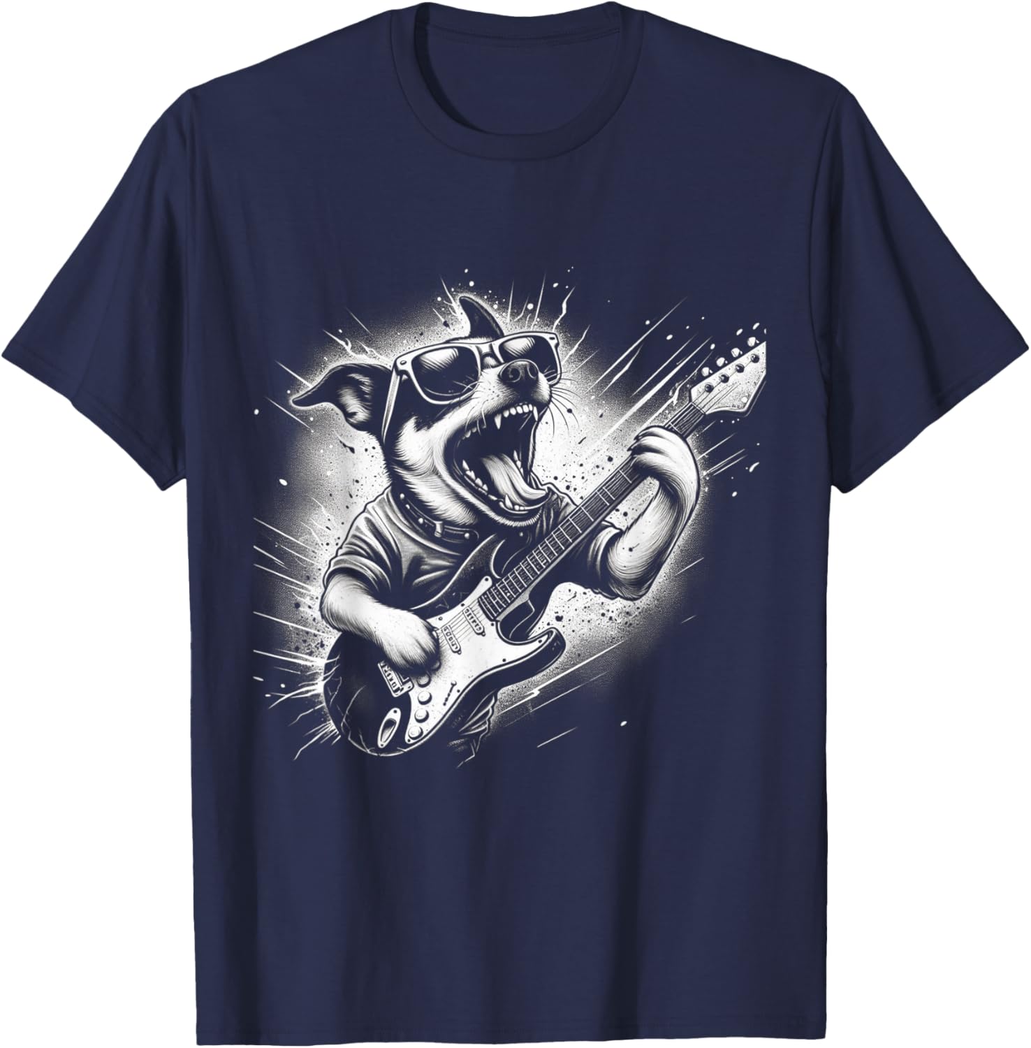 Rock n Roll Dog Cool Dog with Guitar Rock Star Dog Art T-Shirt - T-Shirt | Navy