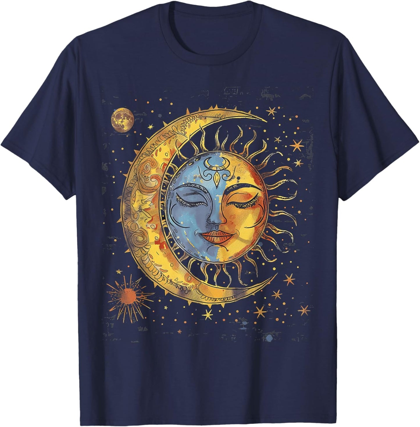 Mystical Sun and Moon with Woman Mystical Flowers Aesthetic T-Shirt - T-Shirt | Navy