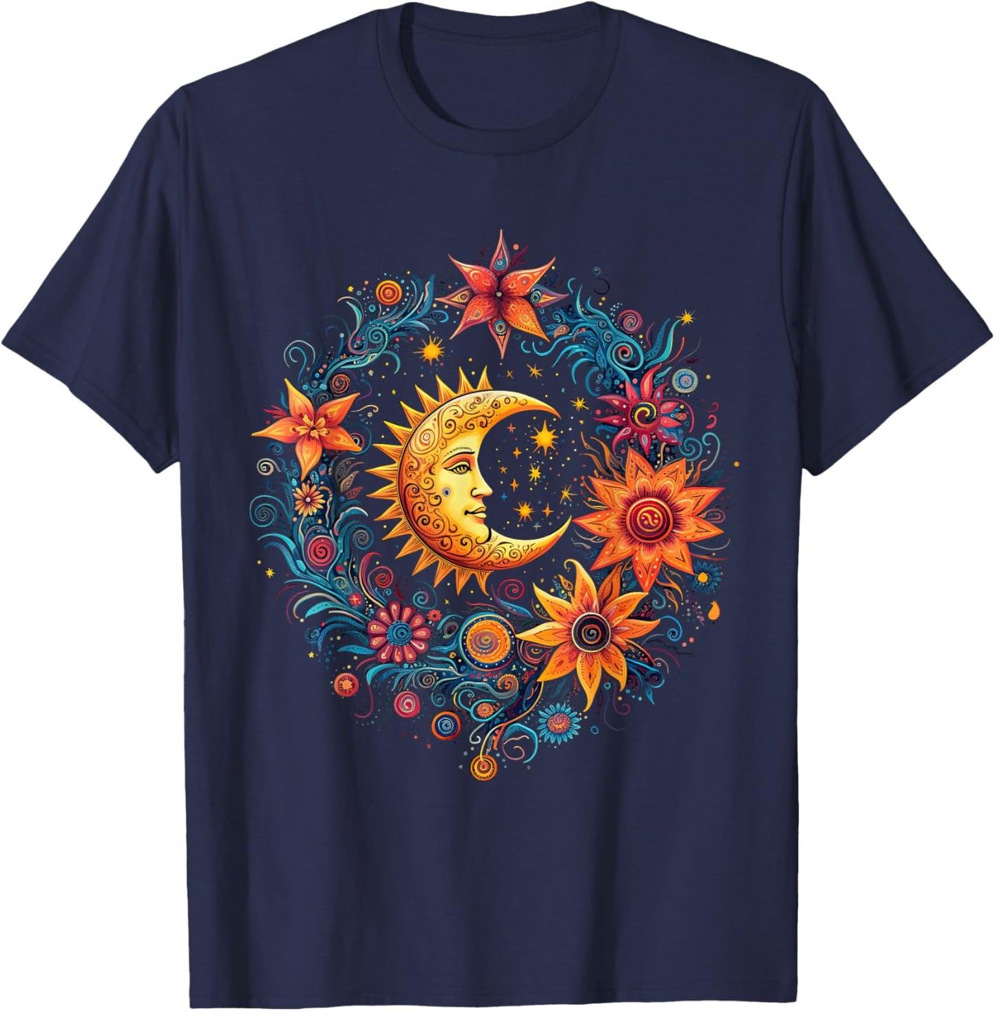 Mystical Sun and Moon with Woman Mystical Flowers Aesthetic T-Shirt - T-Shirt | Navy
