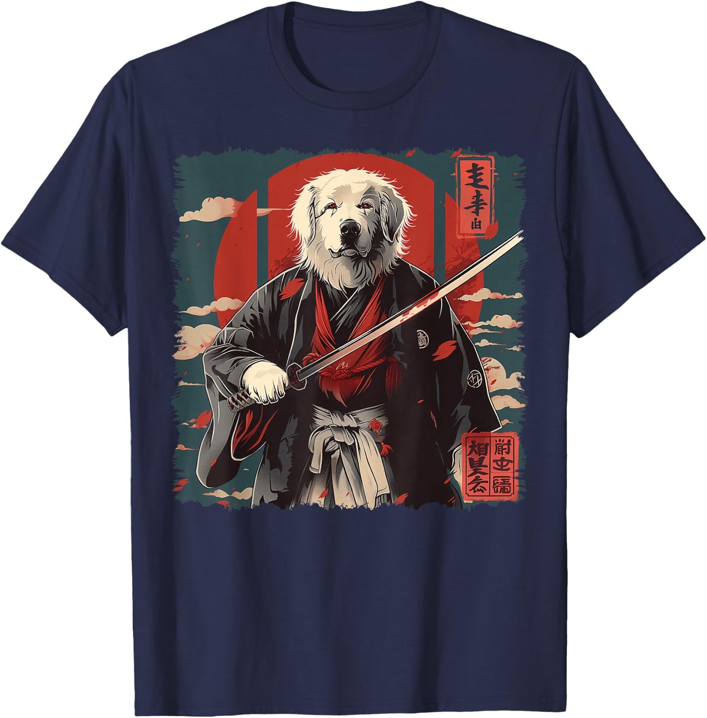 Great Pyrenees Dog Japanese Art Samurai Ukiyo-e Vintage T-Shirt - T-Shirt | Navy