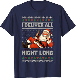 I Deliver All Night Long Naughty Santa Fun Xmas Adult Humor T-Shirt - T-Shirt | Navy