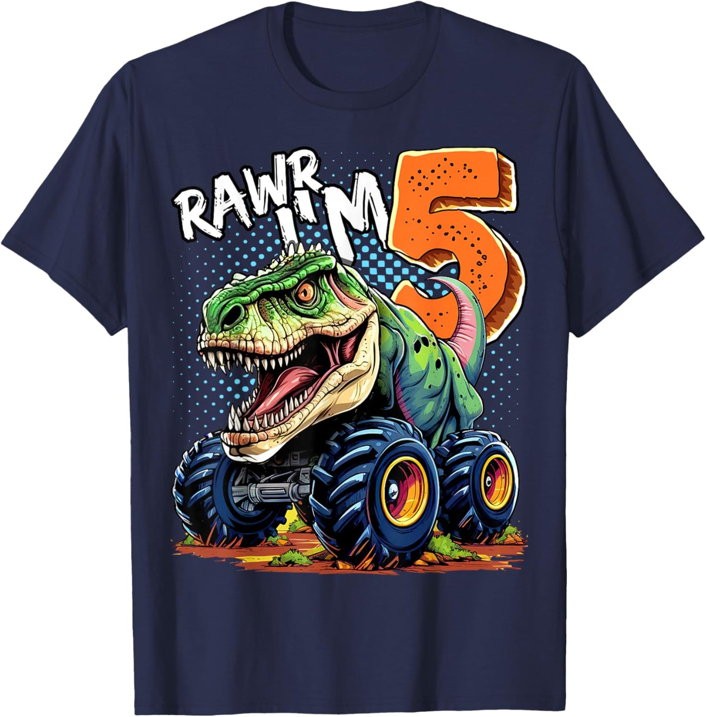 Monster Truck Dinosaur T-Rex 5th Birthday Boy 5 Year Old T-Shirt - T-Shirt | Navy