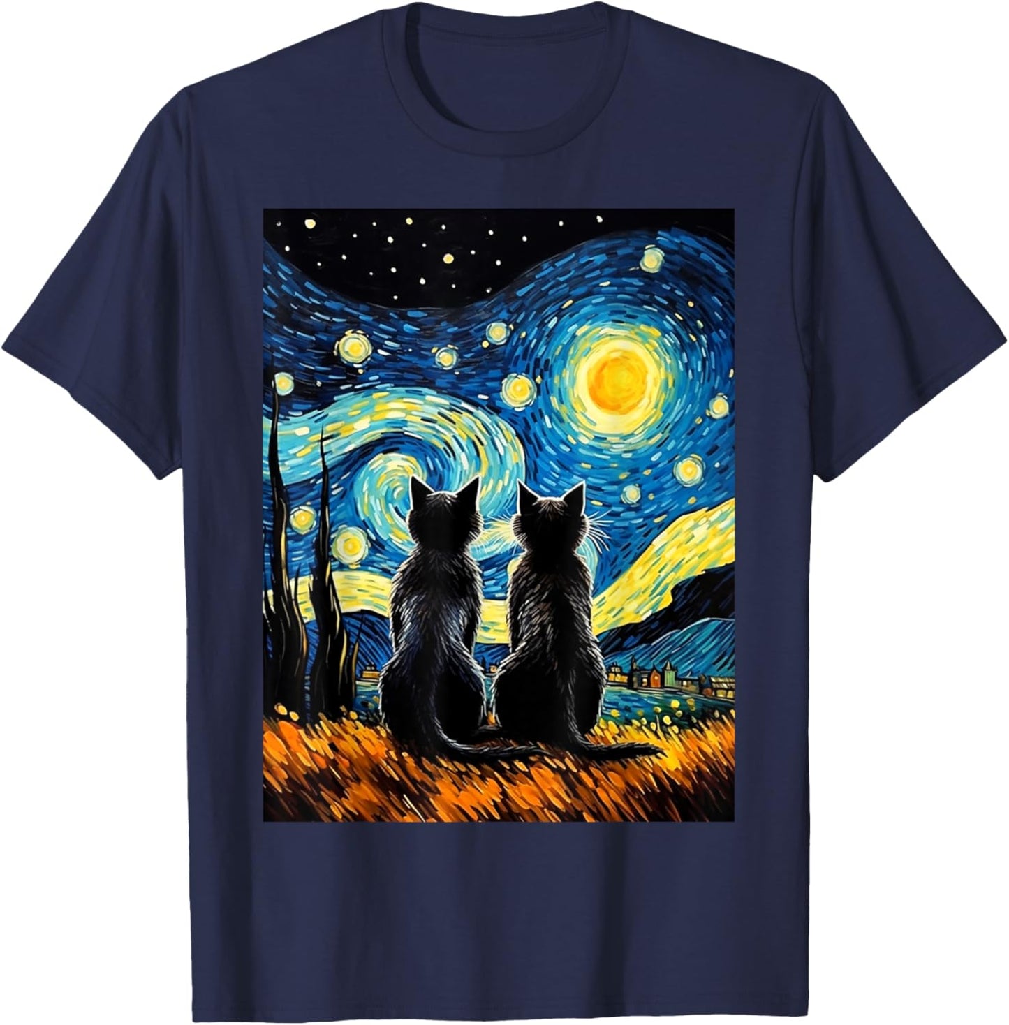 Black Cats Lover Starry Night Vincent van Gogh T-Shirt - T-Shirt | Navy