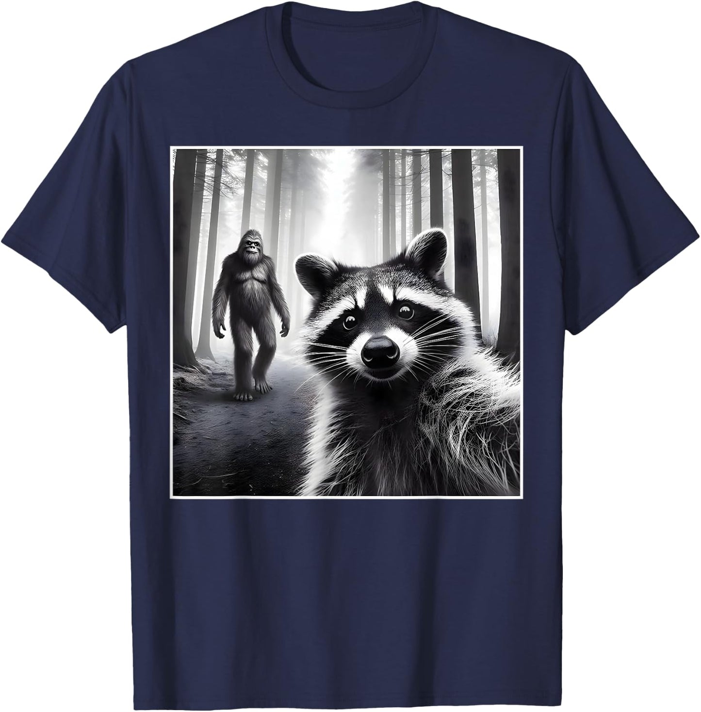 Scared Raccoon Selfie with Sasquatch Bigfoot Funny Raccoon T-Shirt - T-Shirt | Navy