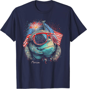Sea Turtle 4th of July American Flag USA America Funny T-Shirt - T-Shirt | Navy
