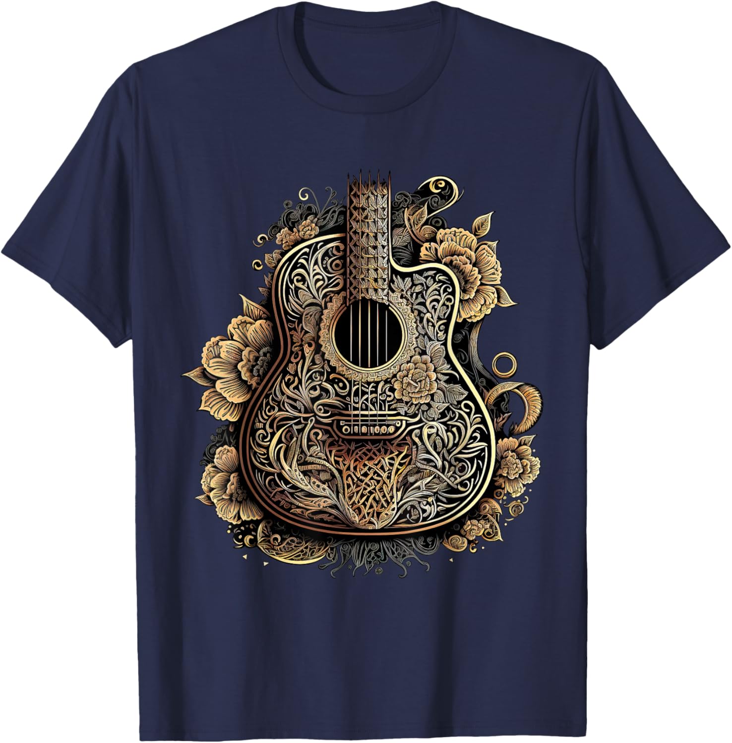 Guitar Graphic Music Lover - Acoustic Guitar Musician Floral T-Shirt - T-Shirt | Navy
