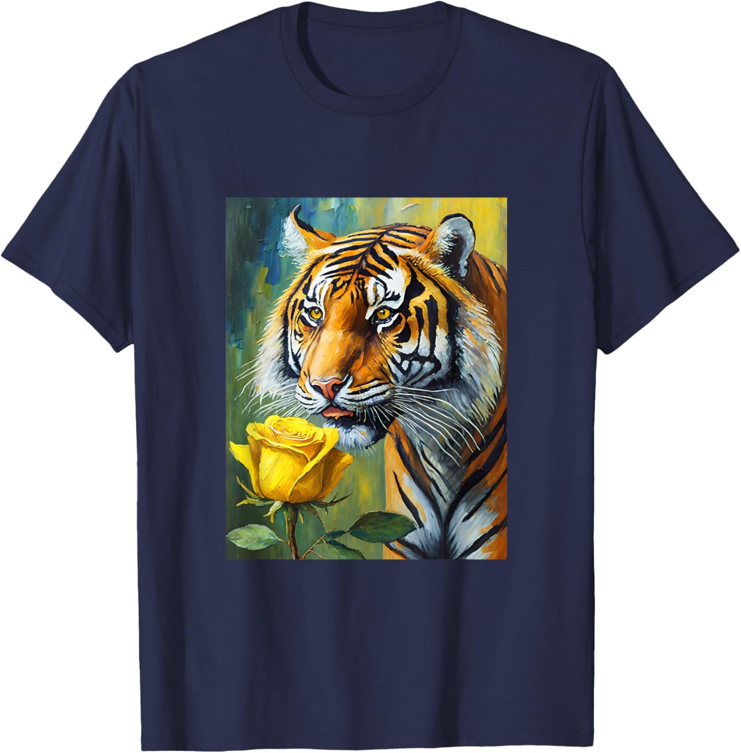 Tiger Sniffing a Yellow Rose Illustration Graphic Design T-Shirt - T-Shirt | Navy