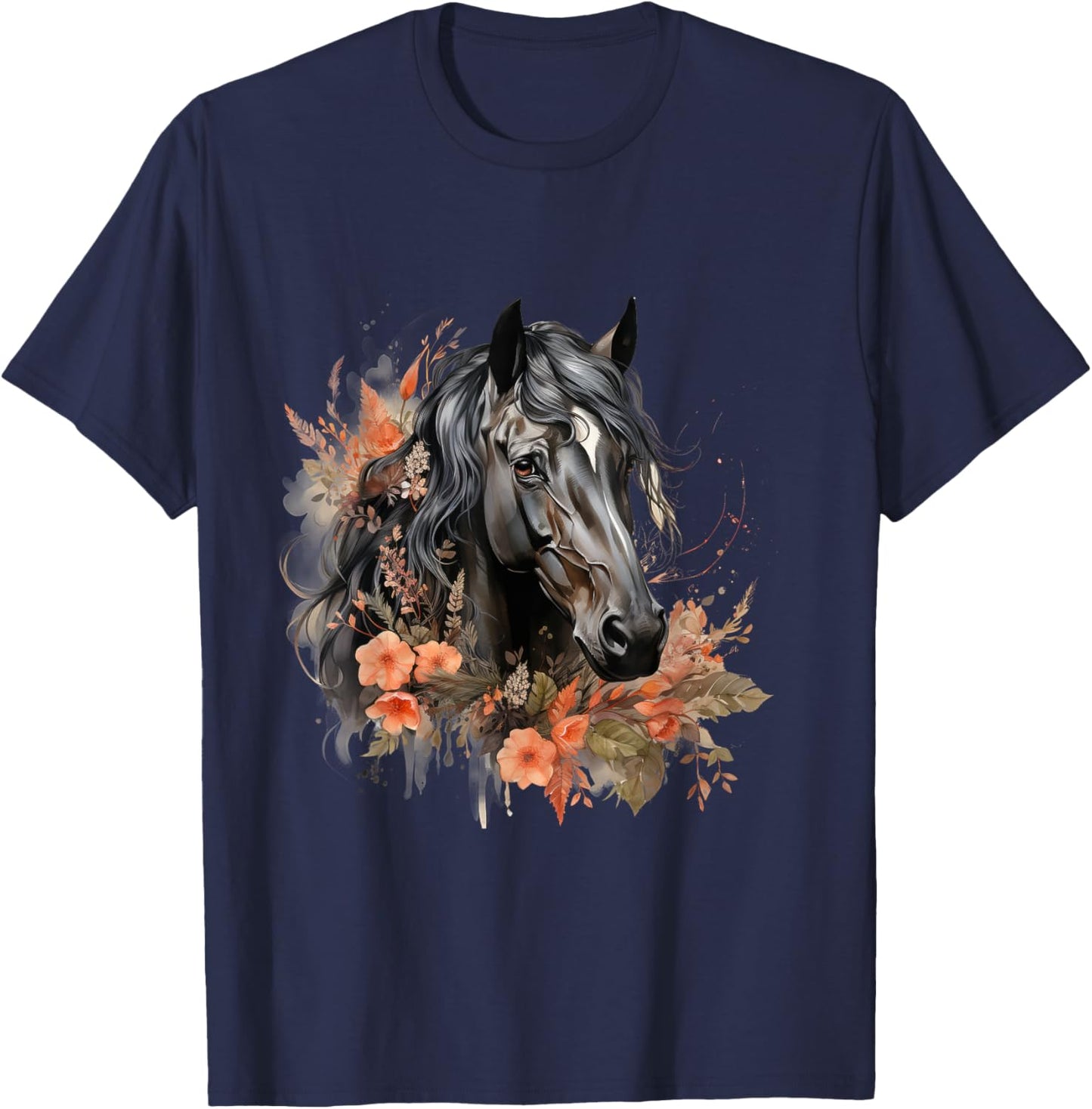Floral Wild Horse Country Horse Riding , Small, Black T-Shirt - T-Shirt | Navy