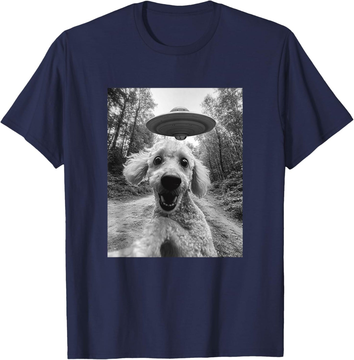 Poodle UFO Meme - Funny Poodle Selfie with UFO T-Shirt - T-Shirt | Navy