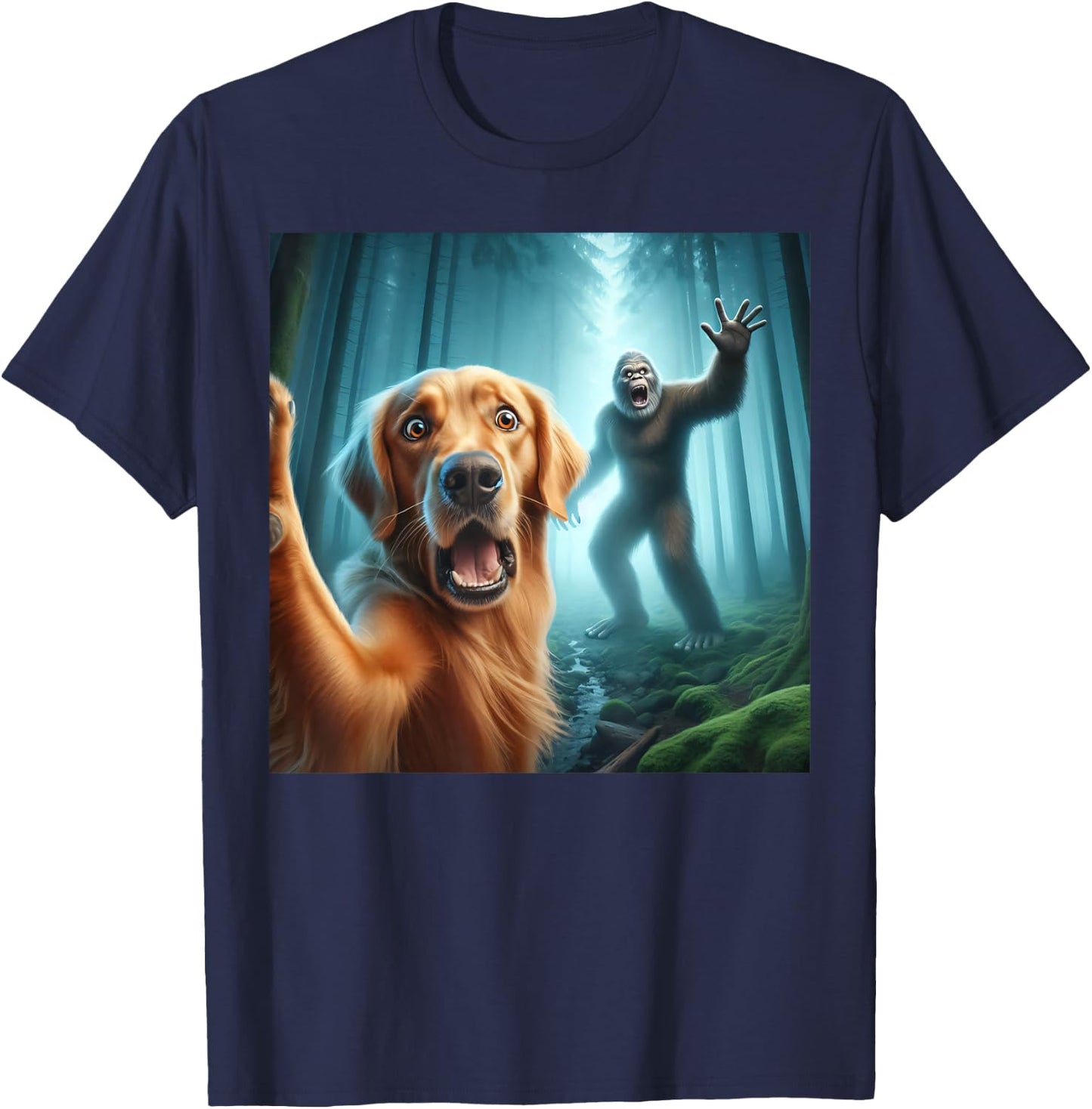 Golden retriever Selfie with bigfoot sasquatch T-Shirt - T-Shirt | Navy