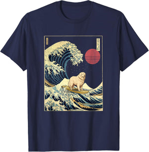 Great Pyrenees Japanese Kanagawa Wave Funny Surf Dog T-Shirt - T-Shirt | Navy