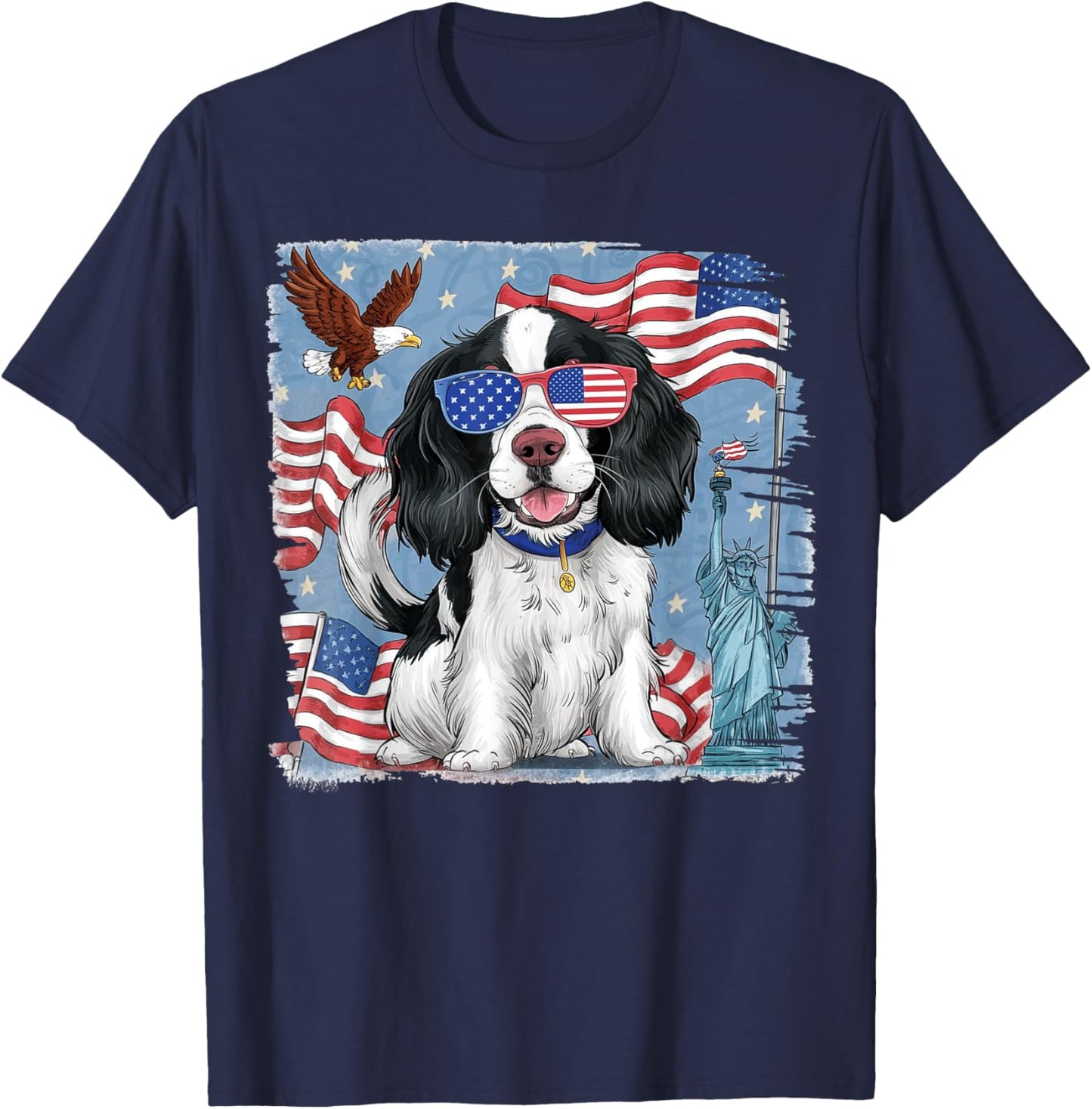 English Springer Spaniel Dog with American Flag 4th of July Women Kids Men T-Shirt - T-Shirt | Navy