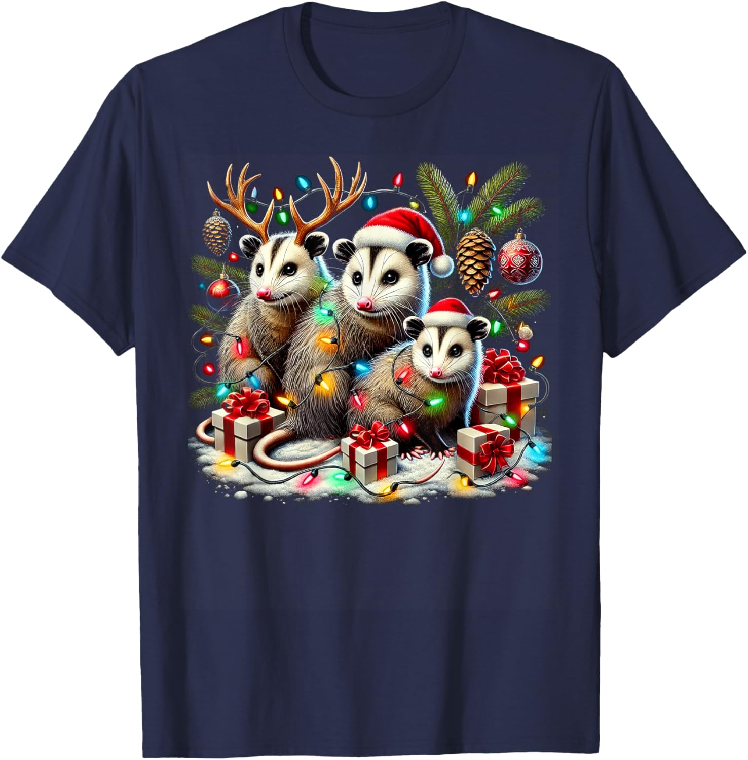 Hilarious Opossums in Christmas Lights Holiday Possum Spirit T-Shirt - T-Shirt | Navy