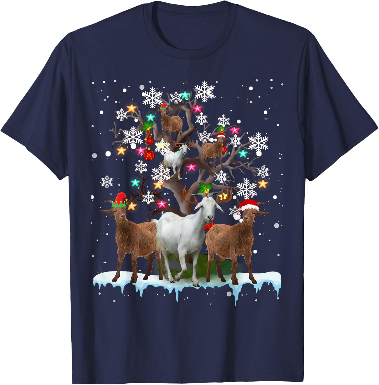 Christmas Goat On Tree Funny Santa Goat Lover Farmer T-Shirt - T-Shirt | Navy