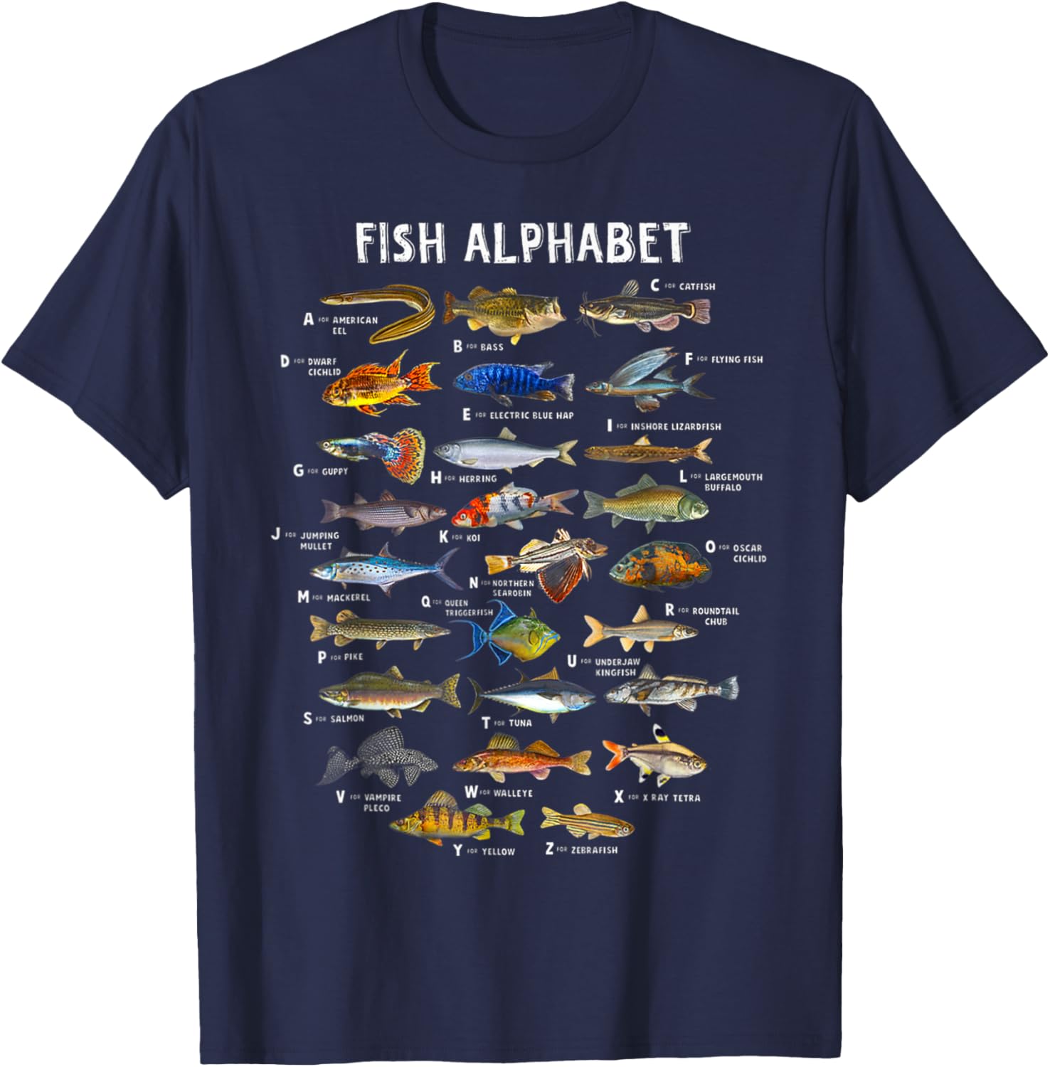Fish Alphabet Educational Freshwater Species Fishing T-Shirt - T-Shirt | Navy