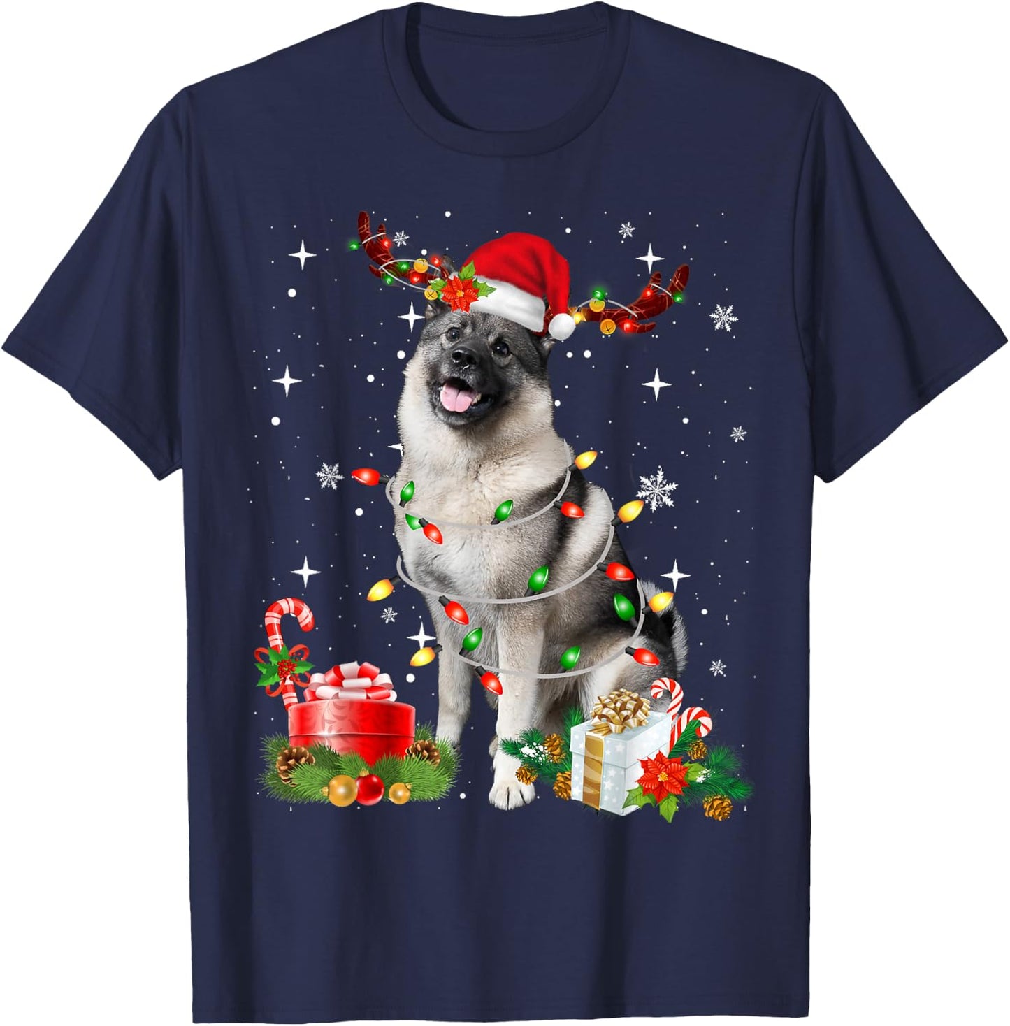 Funny Norwegian Elkhound Santa Hat Christmas Lights Pajama T-Shirt - T-Shirt | Navy