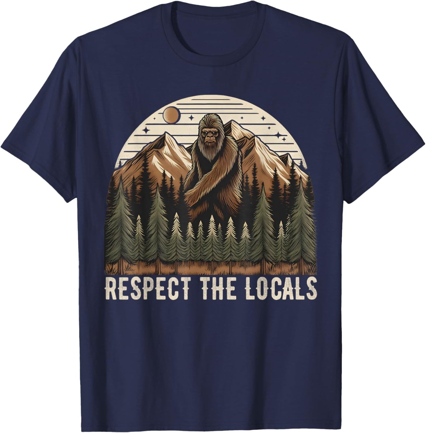 Vintage Respect the Locals Hiking Camping Climbing Bigfoot T-Shirt - T-Shirt | Navy