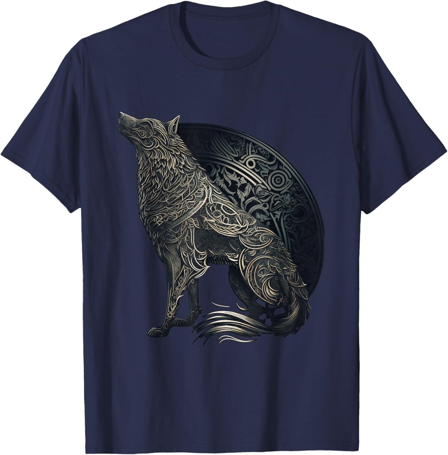 Wolf silhouette, Gaelic Celtic style, ornaments animal norse T-Shirt - T-Shirt | Navy