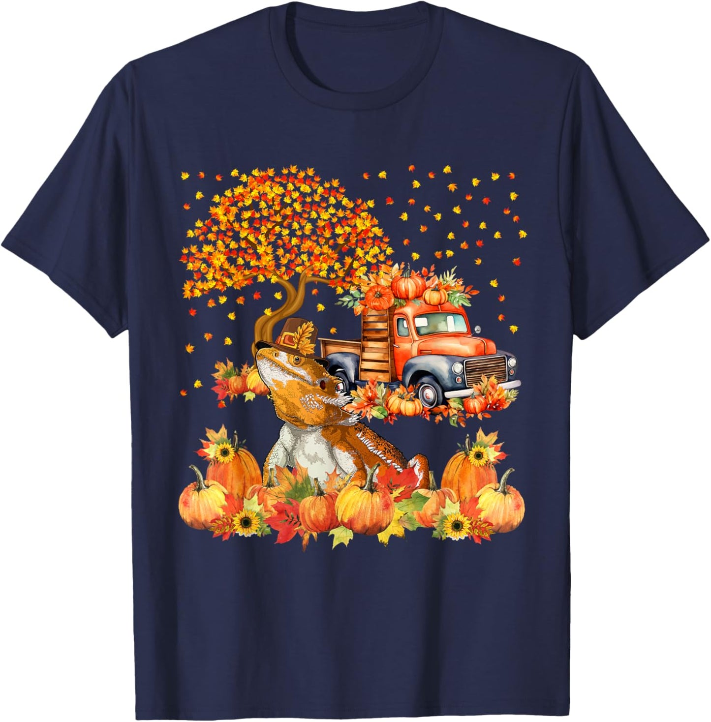 Thanksgiving Bearded Dragon with Fall Pumpkins Sunflowers T-Shirt - T-Shirt | Navy